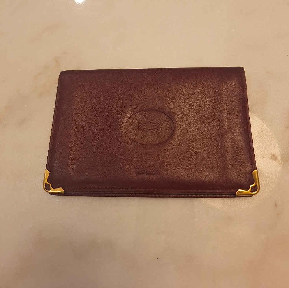 Vintage Cartier Burgundy Leather Bifold Wallet Card Holder Gold Accents